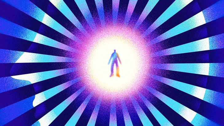a person floating in a gradient orb with lines projecting out of it