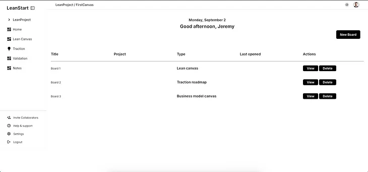 A screenshot of the dashboard
