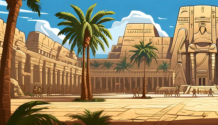 a huge block of sandstone in the middle of a grand plaza in ancient egypt, palm trees and neat rows of warriors