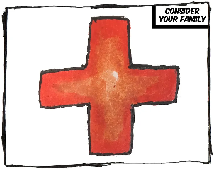 A red cross on a white background. The caption reads, “Consider your family.”