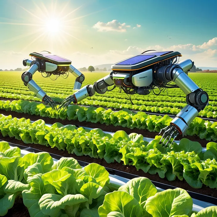 Farming robots working in a field, contributing to sustainable agriculture by optimizing resource usage and promoting environmental stewardship.