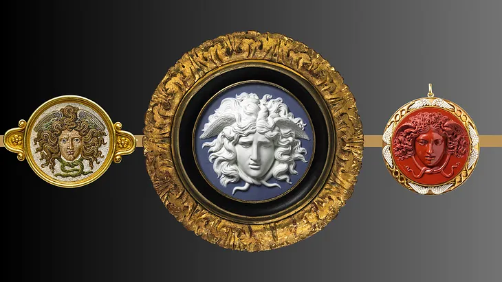 Images of 3 round Medusa cameos made by 3 different designers. One mosaic, one Wedgwood blue, one carnelian. Each encircled with gold.