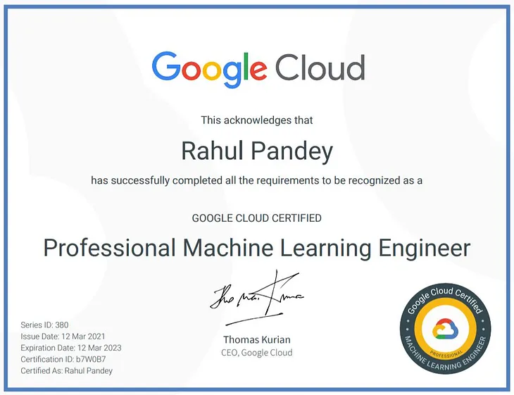 Google cloud professional machine learning engineer certificate