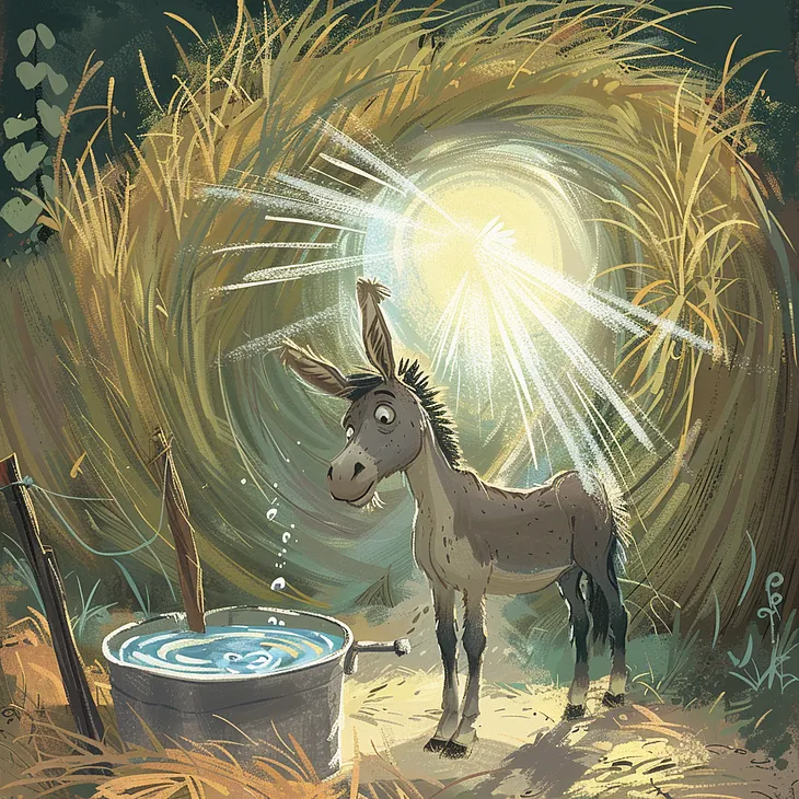 Buridan’s donkey standing between a bucket of water and a haystack, paralyzed by indecision.