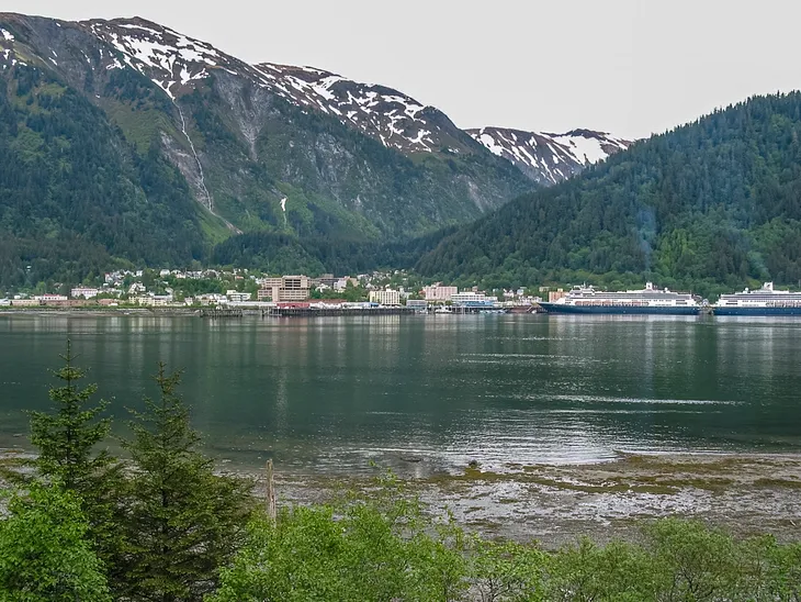 A small town stretches in a row behind dark forested mountains and in front of a body of water that reflects the dark forests. Two large cruise ships are docked parallel to the waterfront.