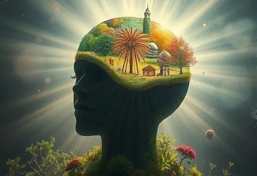 Silhouette of a person with brightly colored houses, towers, and trees inside their head