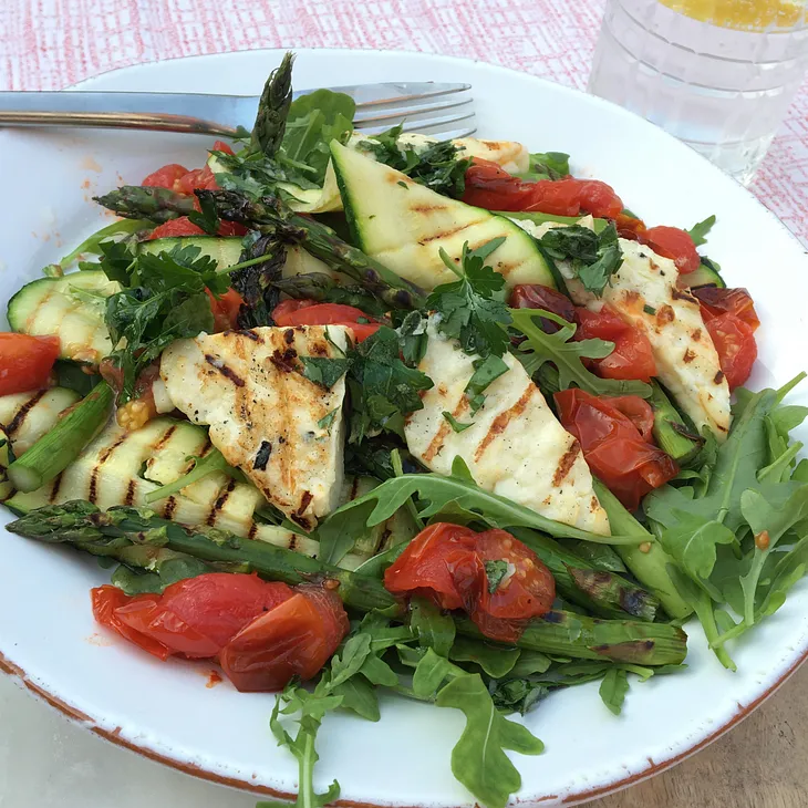 Grilled asparagus and Bix cheese salad with sweet roasted tomatoes