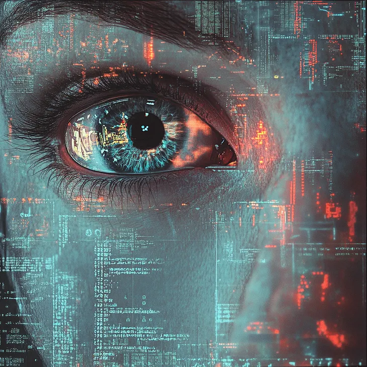 A picture of an eye reflecting a complex screen with terminals showing command line input and output.