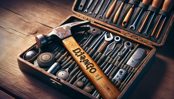 A toolkit with Django as the primary tool alongside specialized compartments, symbolizing Django’s role within a larger tech stack.