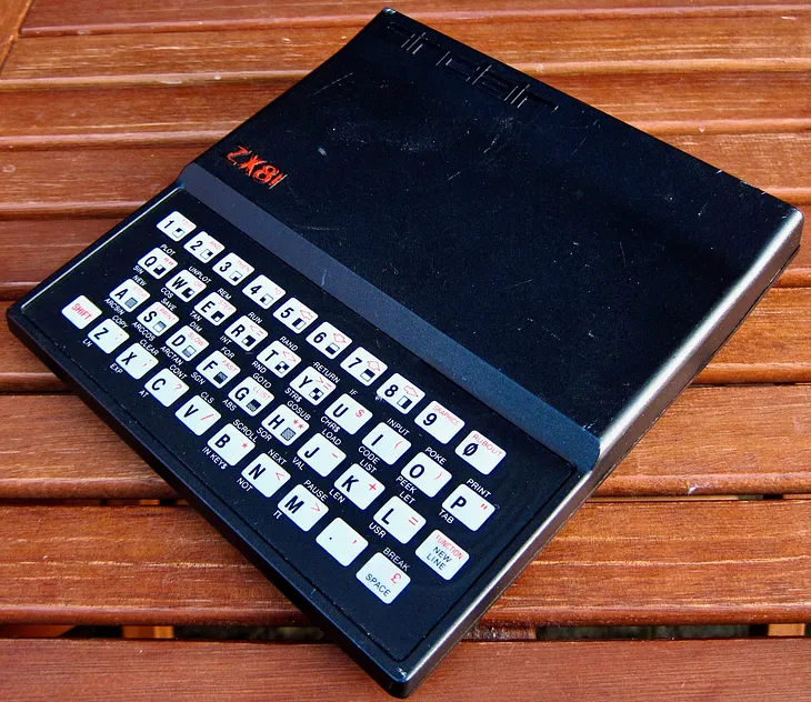 A tatty-looking Sinclair ZX81 home computer.