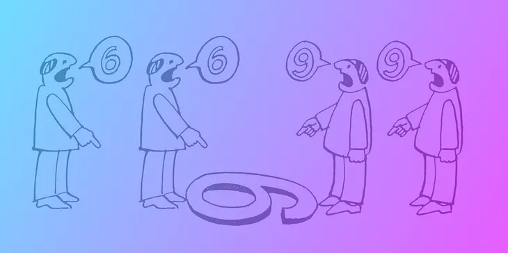 Two people are standing on opposite sides of a number drawn on the ground. One sees it as a 6, while the other sees it as a 9. They are discussing their different perspectives.