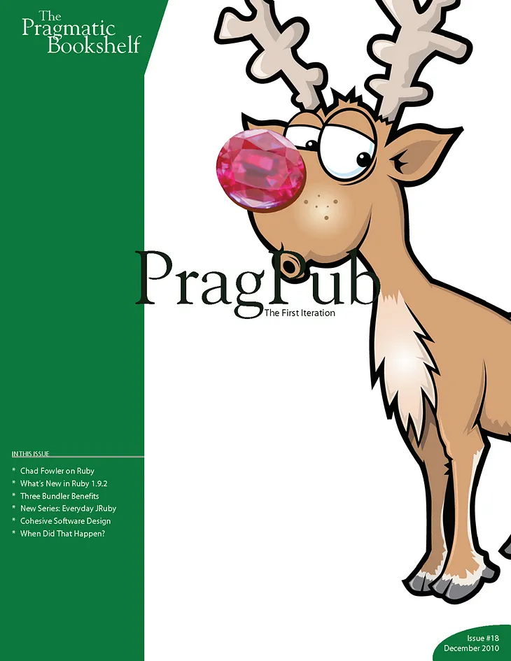 Cover of PragPub Magazine, December 2010 featuring a cartoon reindeer