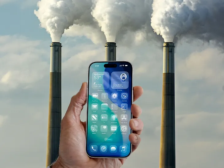 A hand holds a smartphone displaying apps against a clear blue sky. Behind the phone, a smokestack emits dense smoke, highlighting environmental concerns.