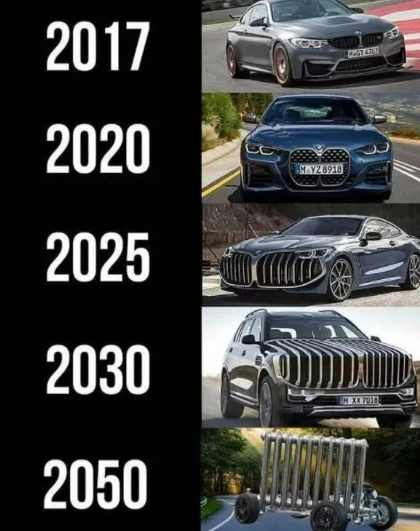 a very famous meme that shows how the bmw’s grill has gotten bigger and bigger over the years.