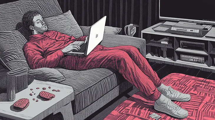 An illustration of a man in his pyjamas slouching on a couch at home, his laptop balancing on his knees, some food on the coffee table nearby.
