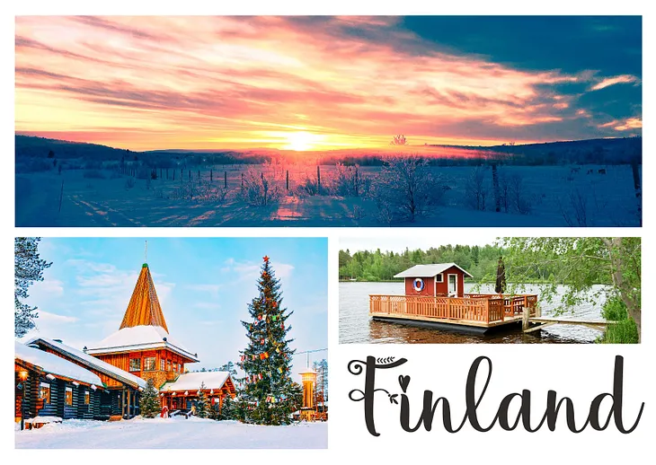 Finland postcard with three images: silence, sauna and santa.
