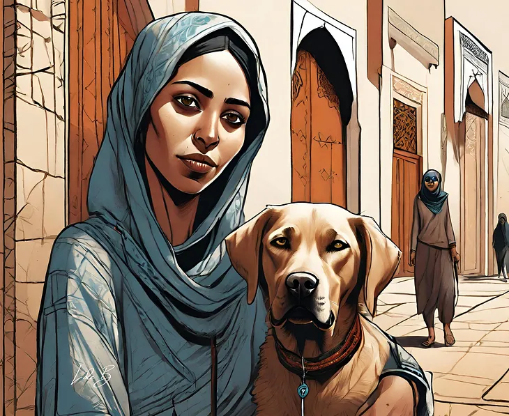 A blind muslim woman in Rabat with her dog labrador.