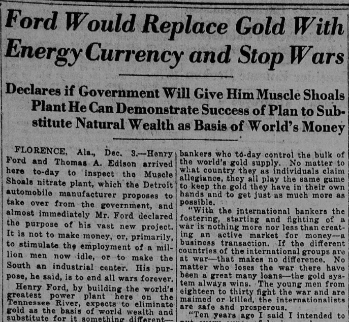 Ford Would Replace Gold With Energy Currency and Stop Wars