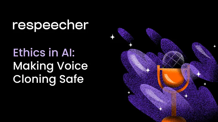 Image featuring a vibrant purple glove holding a microphone set against a black background with shimmering stars. This visually represents the protective measures and ethical considerations in voice cloning technology. The title is displayed in bold white text at the top.