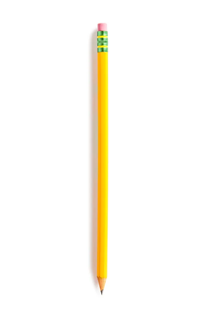 Picture of a single yellow sharpened pencil against a white background.