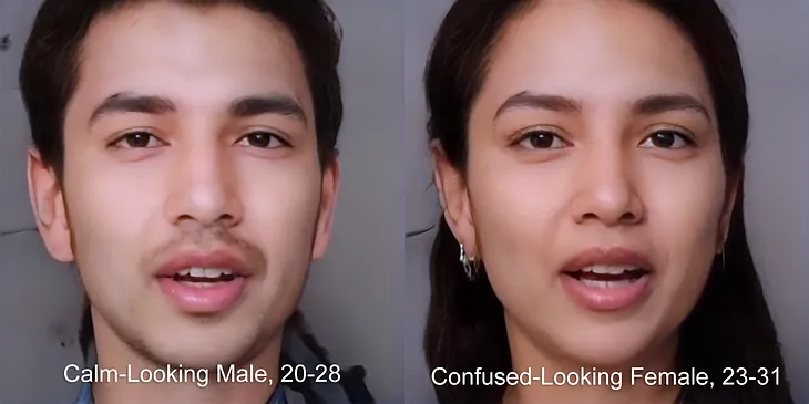 Side by side deep-learning-generated images of male and female versions of a young adult. Male caption: Calm-Looking Male, 20–28. Female caption: Confused-Looking Female, 23–31.