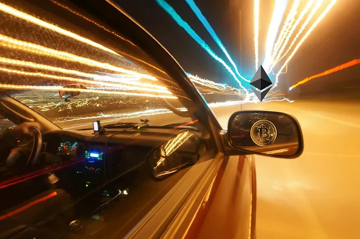 Car driving fast with Bitcoin logo in side mirror and Ethereum logo on horizon