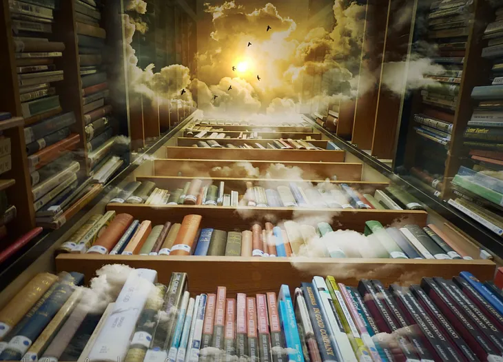 Library full of books up into the clouds: a metaphor for the Akashic Records