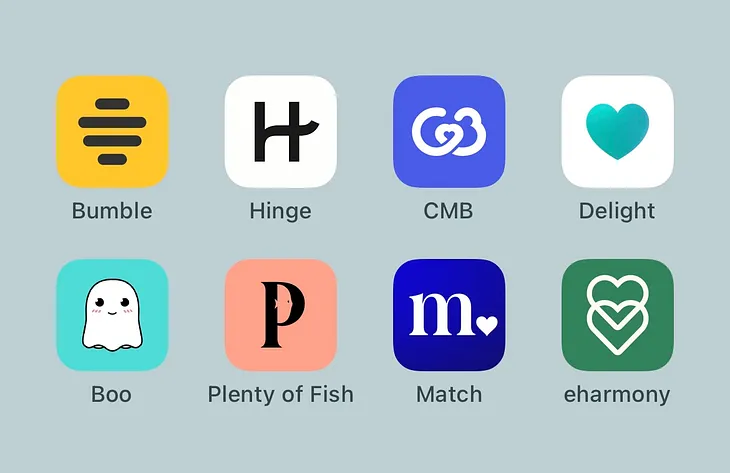 The image is a screenshot of a bunch of dating apps on a phone.