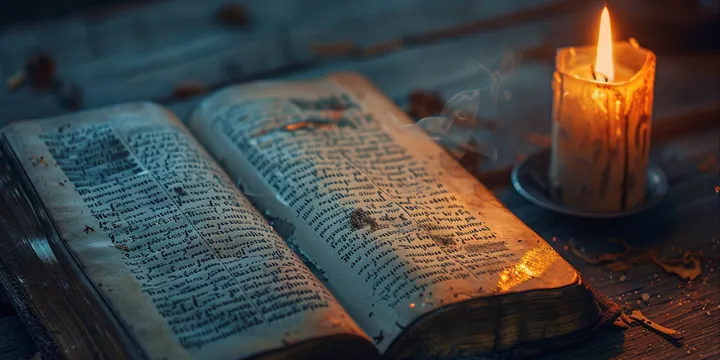 An ancient book laying on a table, illuminated by the warm glow of candles.