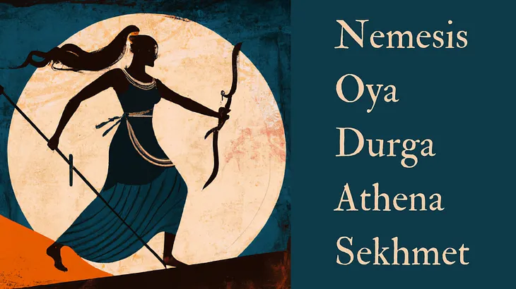 Black goddess is silhouetted against pale orange moon rising in background. Goddess holds bow and long sword. Her hair flows behind her as she runs ahead. The names of five warrior goddesses — Nemesis, Oya, Durga, Athena, and Sekhmet, are aligned on the right side of the image.