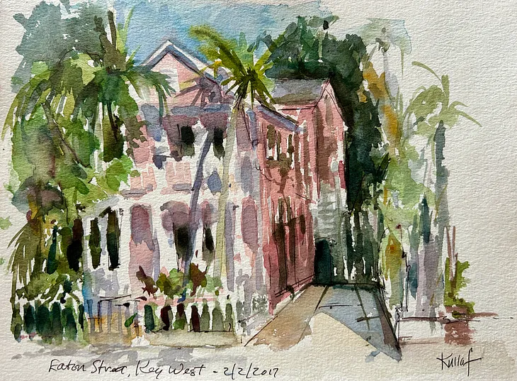 Watercolor sketch of a pink house by Anne Kullaf