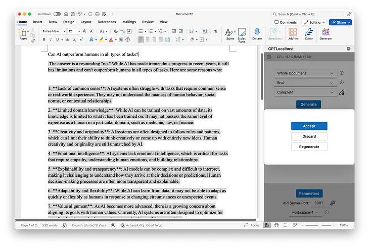 Using Microsoft Word in multiple minds? An experiment with two workspaces in AnythingLLM.