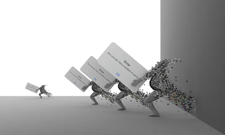 Pixelated images of pregnant women running on a race track, dynamically posed but distorted due to limited data availability. They are holding cards that read “error cannot generate,” symbolizing the struggle to accurately represent such dynamic figures due to inadequate online resources.