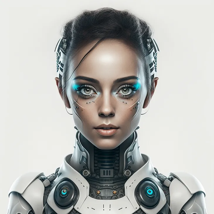 an up-close of a white woman with robotic style dress and makeup. she looks like she could be the embodiment of Jenni AI, which is why I picked her for this Jenni AI review.