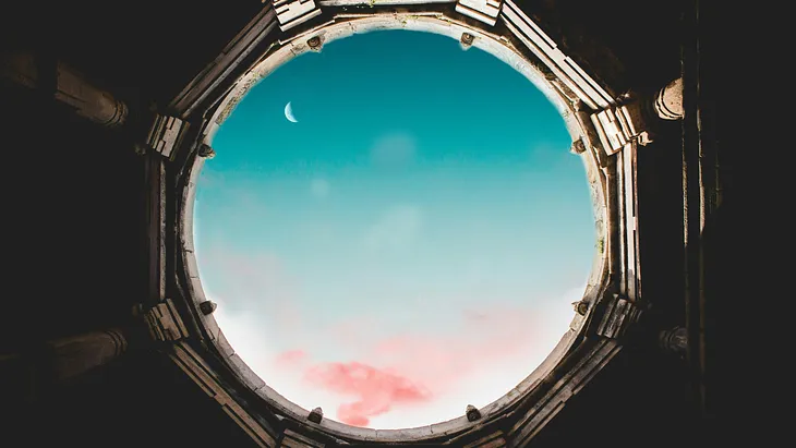 A dystopian window opening to a beautiful sky filled with purple clouds and a beautiful crescent moon