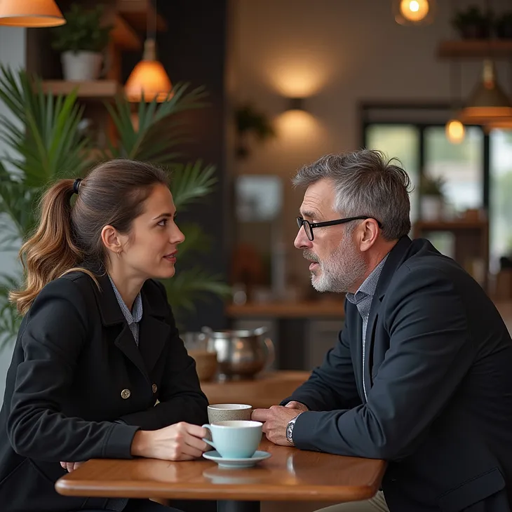 A couple talks intensely over coffee at a coffee shop