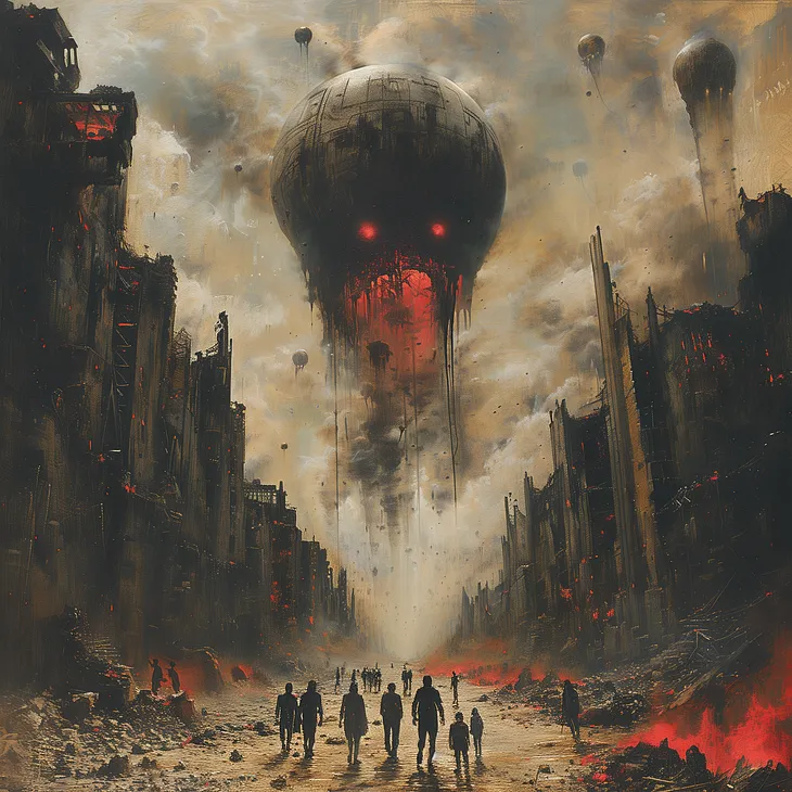 A dystopian scene featuring a group of silhouetted people walking through a desolate cityscape. The sky is dominated by a massive, ominous floating orb with glowing red eyes, suggesting an alien or otherworldly presence. Surrounding the people are towering, crumbling buildings with traces of fire and destruction, creating a sense of apocalyptic chaos and despair.