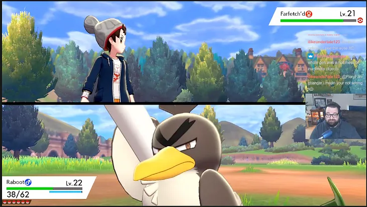 A screen capture of Grizzzlay playing Pokemon Sword. The picture is divided in half. On the top half, Grizzz’s in-game avatar looks to the right. On the bottom half, the Galarian variant of Farfetch’d looks at the camera with a frown.