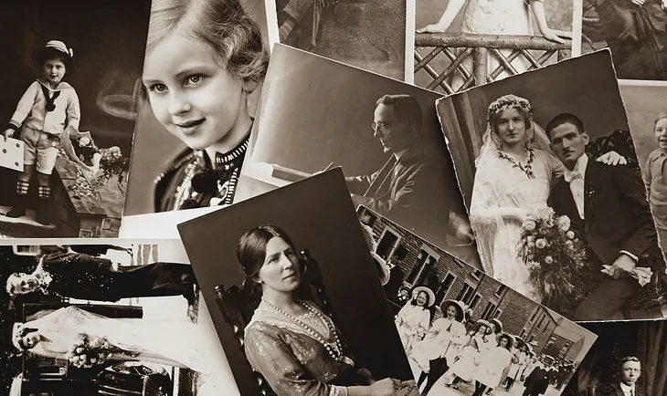 A collage of sepia-toned vintage portraits of young childrena dn adults.