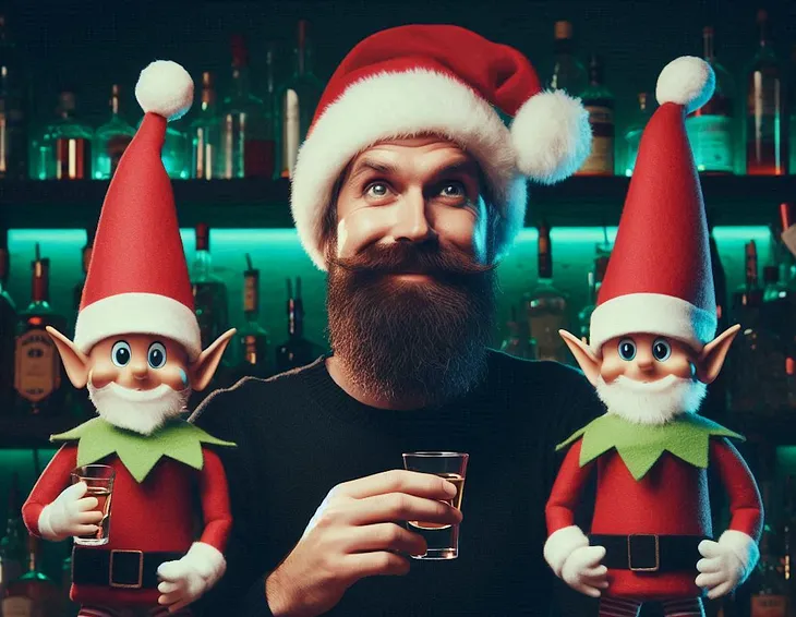 A bearded man and two of Santa’s elves in a bar doing shots of tequila.
