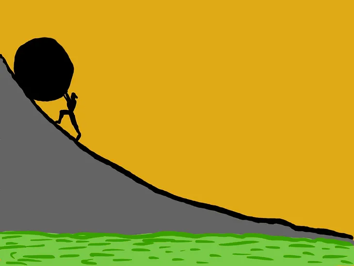 Man pushing a rock up the hill
