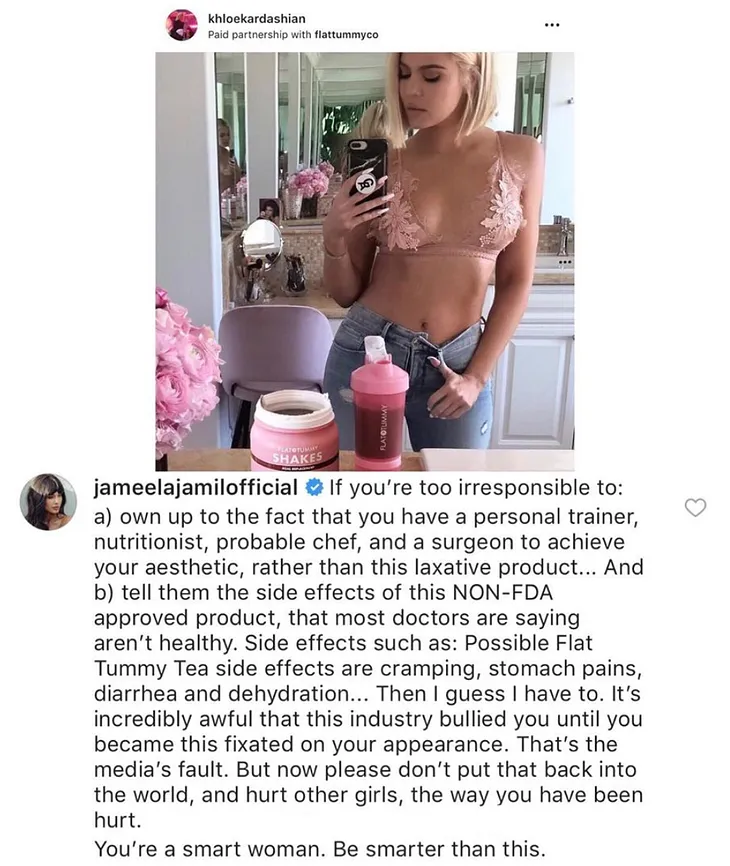 Jameela Jamil critically comments on Khloé Kardashian’s Instagram advertisement for Flat Tummy Co.