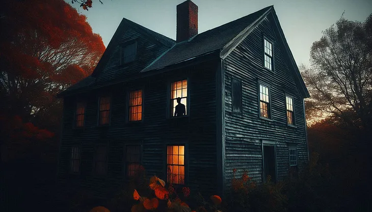 Two-story vintage house at twilight with warm light shining from a single window amidst autumn foliage, creating a mysterious and eerie atmosphere.