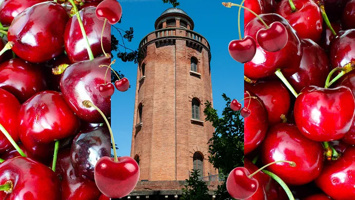 The Galerie le Chateau d’Eau in Toulouse, on a background of red cherries.