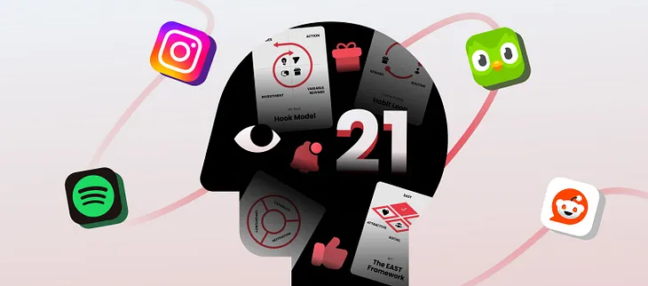 Illustration of a human head silhouette with icons of popular apps like Instagram, Spotify, Duolingo, and Reddit surrounding it, alongside behavioral design frameworks like the Hook Model and Habit Loop.