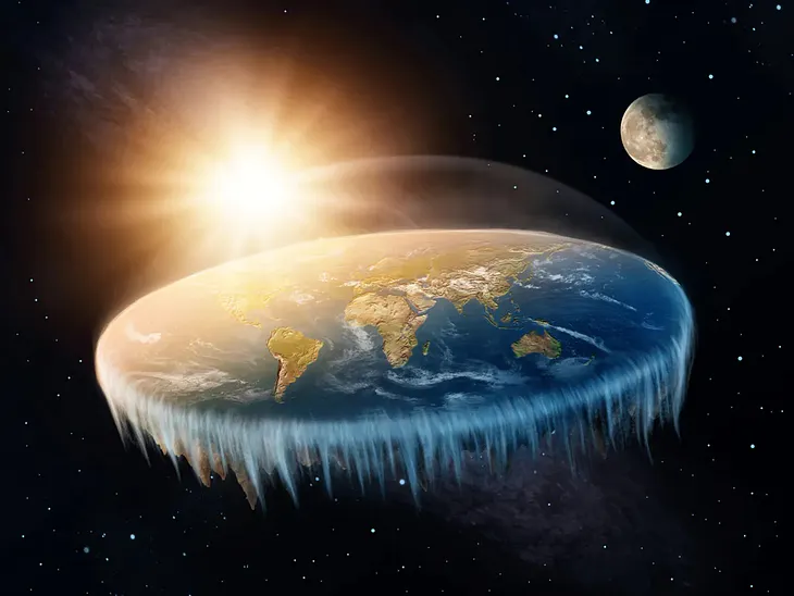 A depiction of Earth according to the Flat Earth theory. The “Ice Wall” surrounding the Earth edges is also depicted.