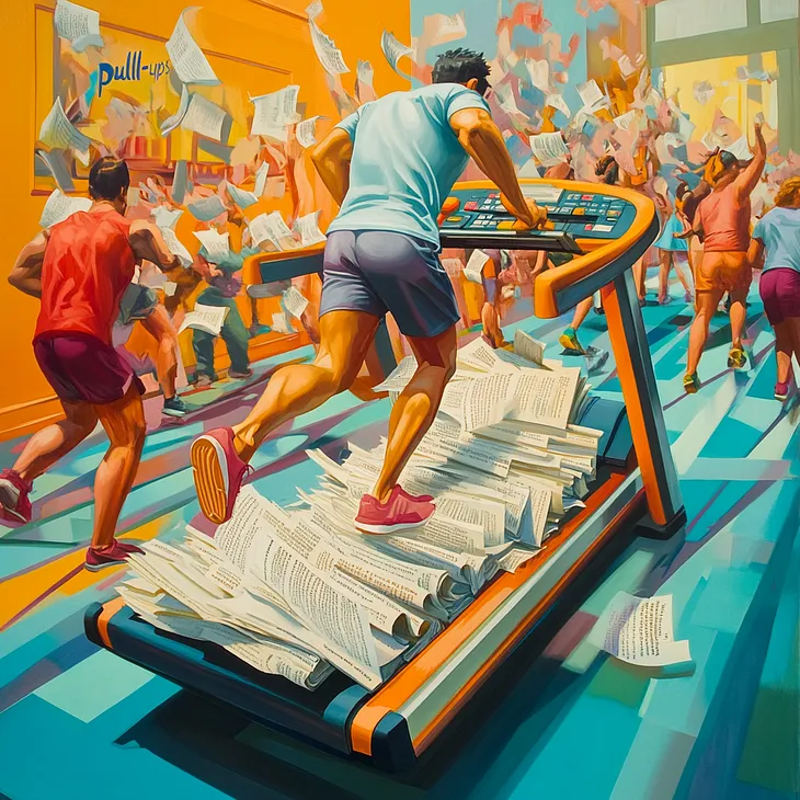 A man on a treadmill covered in papers in a colorful gym with other people running in the background.