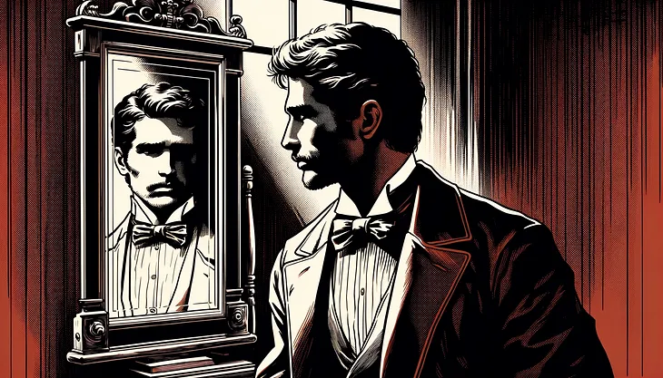 A man gazing at his refleclection in the mirror.