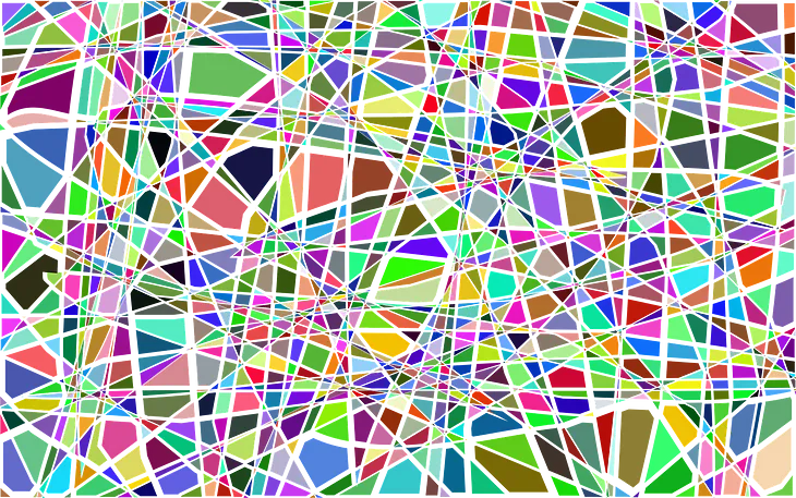 An illustration of a stained glass window with greens, blues, purples, pinks, oranges and yellows.