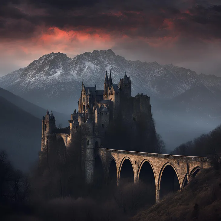 Eery castle and a viaduct leading to it. Dark mountains, sun setting.